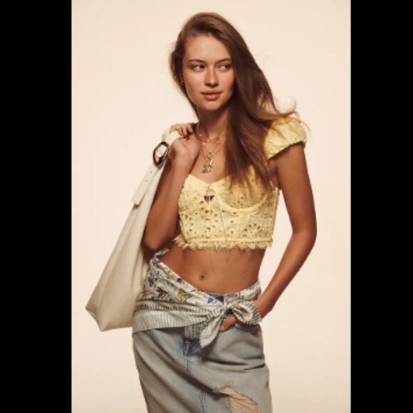 Brand New By Anthropologie Puff-Sleeve Eyelet Corset Top - Picture 1 of 5